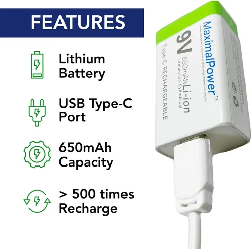 Vista 2 de MaximalPower Batería recargable de iones de litio de 9 V de 650 mAh con cable de carga USB tipo C para detectores de humo, alarma digital, pedales