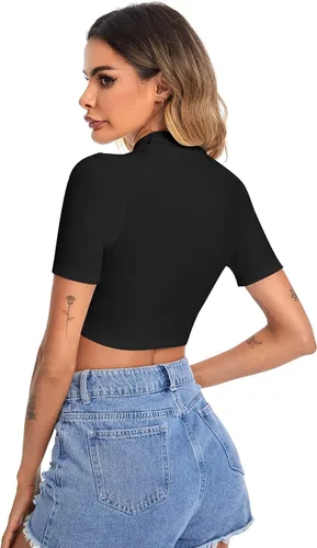 Vista 5 de Verdusa Camisetas cortas básicas de manga corta con cuello alto alto para mujer