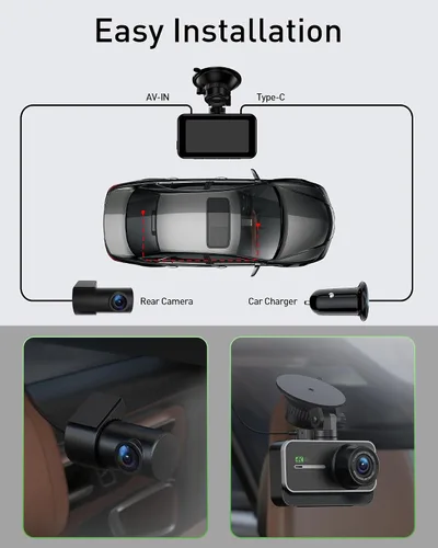 Vista 8 de Cámara de salpicadero delantera y trasera, cámara doble WiFi 4K+1080P para automóviles con aplicación, grabadora de salpicadero de 3" IPS, visión