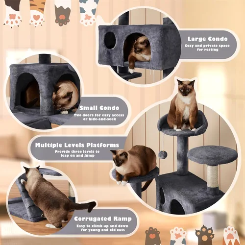 Vista 4 de Yaheetech Árbol para gatos de 54 pulgadas, torre para gatos de varios niveles con espaciosa percha de orejas de gatito, 2 cuevas acogedoras, postes