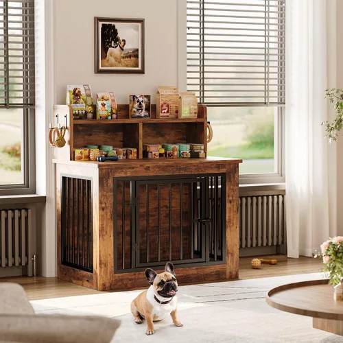 Vista 9 de IRONCK Mueble de jaula para perros, jaula de madera para perros pequeños de 33.4 pulgadas con almacenamiento y 4 ganchos, jaula resistente