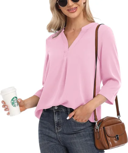 Vista 2 de VIISHOW Blusas casuales de gasa para mujer, manga 34, cuello en V, blusa holgada