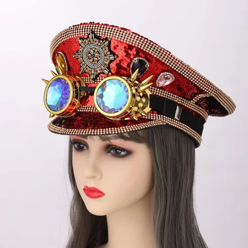 Vista 3 de COSDREAMER Sombrero de lentejuelas para mujer, sombrero de capitán militar con gafas