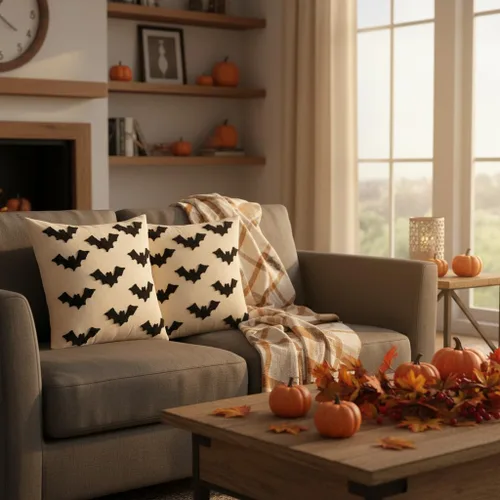 Vista 7 de Juego de 2 fundas de almohada de Halloween de 16 x 16 pulgadas con bordado de murciélagos 3D negros, fundas de almohada de Acción de Gracias, fundas
