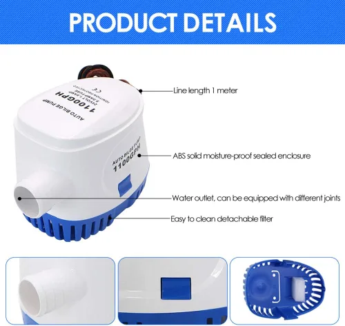 Vista 5 de Bomba de sentina automática para barco con interruptor de flotador, 12 V, 1100 GPH de bajo ruido, bombas de sentina automáticas de alta eficiencia