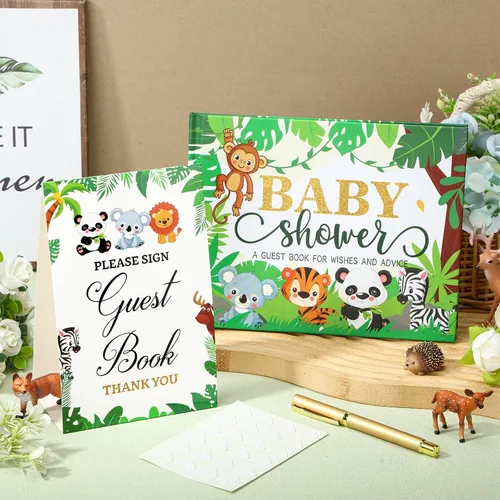 Vista 2 de Fuyoooo 27 piezas de libro de invitados para baby shower de safari en la jungla con tarjeta de lugar floral y sello de inicio de sesión para baby