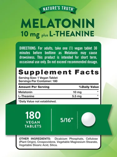 Vista 2 de Nature's Truth Tabletas de melatonina 10 mg 180 unidades con L-teanina Suplemento 100% libre de medicamentos para adultos Vegano, sin OMG