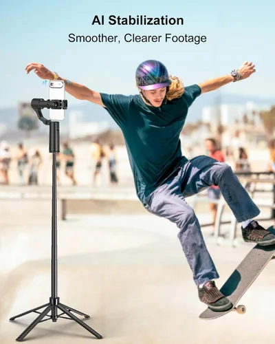 Vista 3 de Trípode de seguimiento automático de doble eje de 70 pulgadas, horizontal de 360° y palo selfie giratorio vertical de 130° para iPhone, Android