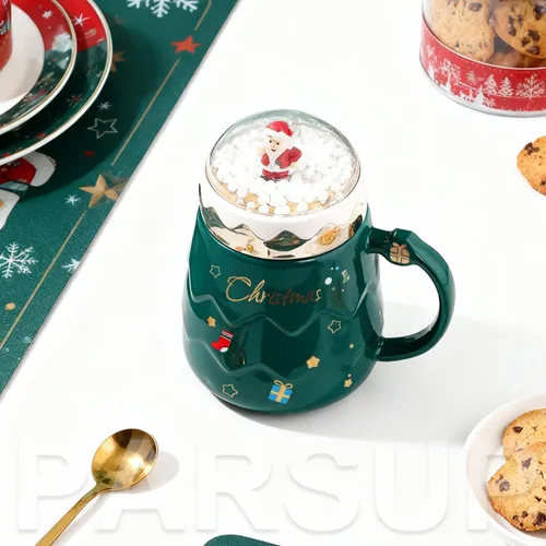 Vista 5 de Taza navideña PARSUP, lindas tazas de té de cerámica con tapa de Santa, taza novedosa para leche, café, chocolate caliente, regalo para mujeres