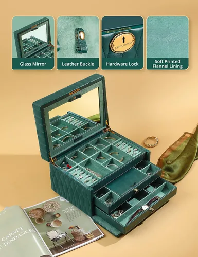 Vista 4 de Jentlewoman Joyero organizador de joyas de 3 niveles y caja de almacenamiento caja de almacenamiento con cerradura para anillos collares aretes