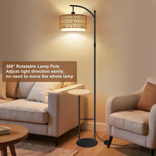 Vista 9 de Lámpara de pie de arco con mesa, lámparas de pie de ratán boho para sala de estar con control remoto regulable 3 temperaturas de color, lámpara