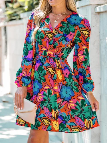 Vista 2 de CUPSHE Mini vestido de gasa con estampado floral para mujer, mangas largas campesinas