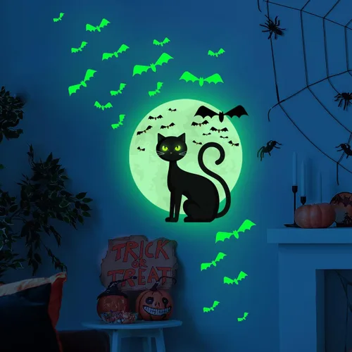 Vista 3 de Calcomanías de Halloween que brillan en la oscuridad, calcomanías de pared luminosas con bonitos diseños de murciélagos de gato, decoraciones que