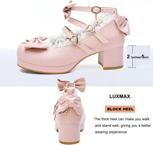 Vista 4 de LUXMAX Zapatos lindos para mujer, zapatos kawaii, tacón de bloque medio, plataforma Mary Janes, zapatos de vestir para cosplay, con correa