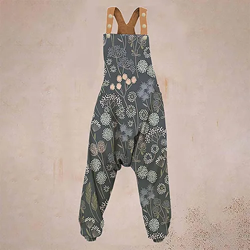 Vista 2 de Overol para mujer, estampado bohemio, vintage, casual, verano, otoño, espalda cruzada, sin mangas, tirantes delgados, pantalones largos harén