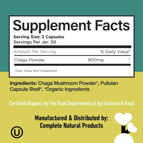 Vista 6 de Complete Natural Products Cápsulas orgánicas de hongos Chaga - 100 unidades, poder antioxidante orgánico, refuerzo inmunológico, apoyo intestinal