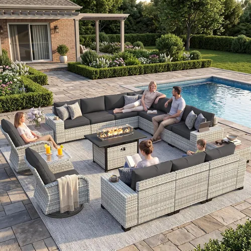 Vista 111 de Muebles de patio al aire libre conjunto PE mimbre ratán al aire libre sofá seccional Gris