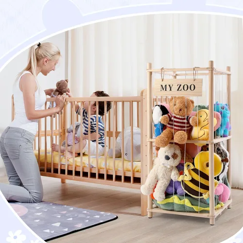 Vista 8 de GLDZI Almacenamiento de Animales de Peluche Zoo, Organizador de Animales de Peluche de Madera con Cuerdas Elásticas para Niños y Niñas, Soporte