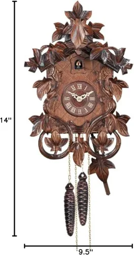Vista 2 de Reloj de pared mecánico tallado a mano con hojas y vides intrincadas de 14 pulgadas, color marrón