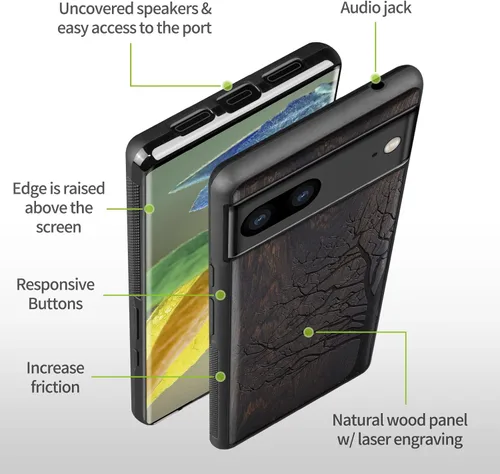Vista 6 de Carveit Funda de madera para Pixel 7a [madera natural y TPU suave negro] a prueba de golpes, funda protectora de madera única y elegante compatible