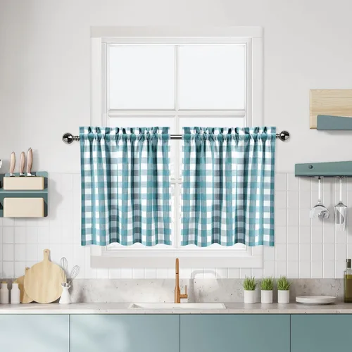 Vista 10 de Cortinas de Cocina Estilo Granja de Cuadros Vichy Blanco y Negro de 24 Pulgadas de Largo, Cortinas de Café de Media Ventana de Cuadros Buffalo