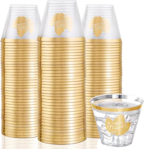 Vista 10 de DaYammi Paquete de 100 vasos de plástico dorados de 16 onzas, elegantes vasos de plástico transparente con borde dorado, desechables, copas de vino