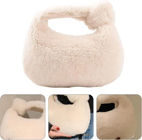 Vista 6 de VALICLUD Bolsa de felpa de invierno para dumpling de moda, bolsa de almacenamiento portátil, Blanco