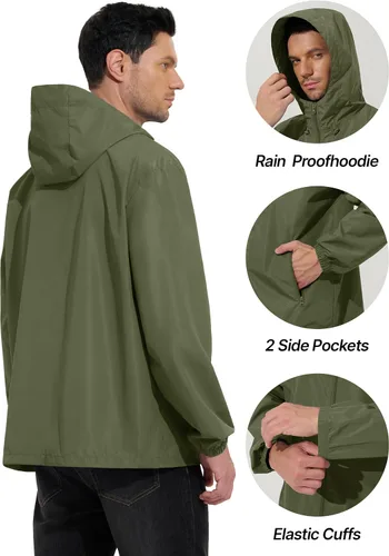 Vista 6 de UIQUR Chaqueta impermeable para hombre, ligera, rompevientos, impermeable, ciclismo, correr, senderismo, equipamiento con capucha plegable