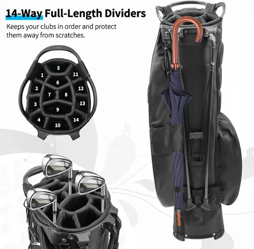 Vista 2 de Bolsa de golf con divisores de longitud completa de 14 vías con soporte, bolsa de golf ligera e impermeable, 8 bolsillos, bolsa enfriadora, bolsa