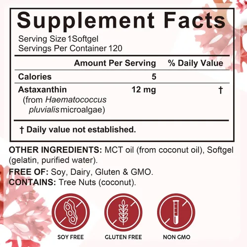 Vista 7 de Astaxantina 12 mg, 120 cápsulas blandas (suministro para 4 meses), procedente de microalgas frescas de Haematococcus Pluvialis, apoya la salud