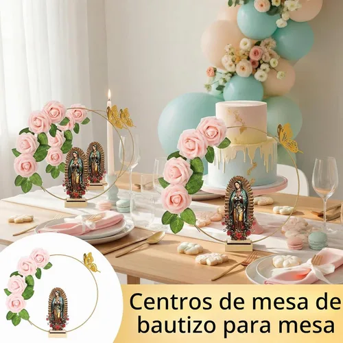 Vista 5 de BreezeHug 12 centros de mesa de bautismo para centros de mesa para bautizo bodas, 12 piezas de madera, 12 aros florales con soporte, 24 rosas