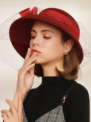 Vista 6 de Sombreros de iglesia negros con velo Sombrero vintage Cloche de lana de fieltro de invierno de ala ancha Fedora Sombreros