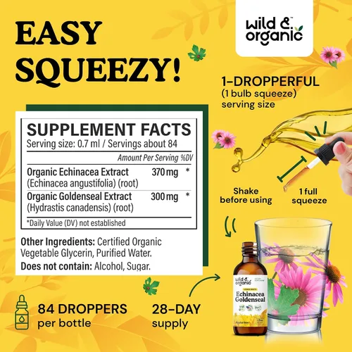 Vista 3 de Wild & Organic Echinacea Goldenseal - Suplemento de apoyo inmunológico con extracto de raíz de equinácea de sello dorado, tintura vegana, sin azúcar