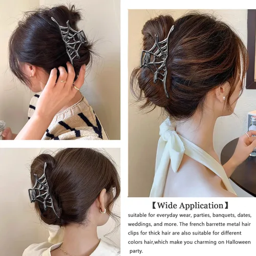 Vista 3 de BELSITA Pinza para el pelo de Halloween, tela de araña negra de metal, pinza antideslizante para el cabello, 1 unidad, para mujeres y niñas, diseño