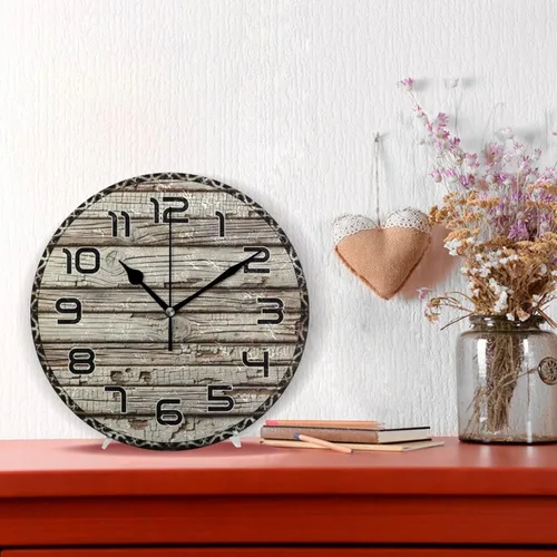 Vista 2 de Old Wooden Wall Clock 10 Inch Silent Non-Ticking Battery Operated Clock Decorative for Kitchen, Bathroom, Bedroom, Living Room