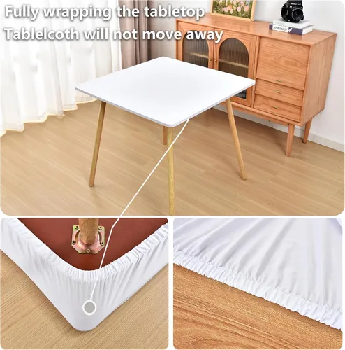 Vista 2 de Mantel ajustado blanco con elástico para mesas plegables de 48x48 pulgadas, manteles lavables y elásticos de elastano para mesas de cartas, manteles