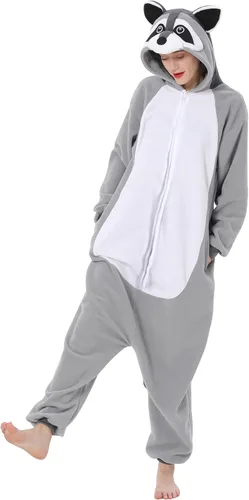 Vista 4 de Disfraz de mapache para adultos, unisex, Navidad, con cremallera, pijamas de animales para cosplay, ropa de casa de una pieza para mujeres y hombres