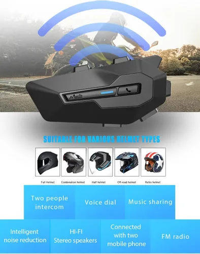 Vista 2 de MAXTO Auriculares Bluetooth X2 para motocicleta con intercambio de música, sistemas de comunicación de casco de 2 conductores de 1000 M, sonido