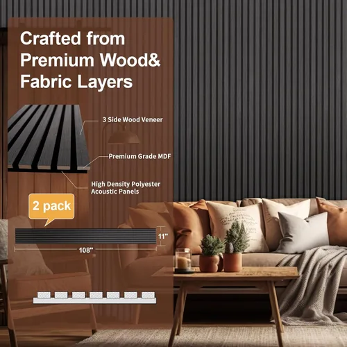 Vista 2 de Yuzzy Paneles de madera para pared y techo, paneles acústicos de listones de madera de 108 x 11 pulgadas, 2 unidades, paneles de pared modernos que