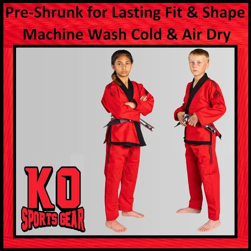 Vista 4 de Conjunto de uniforme para niños, BJJ Jiu Jitsu Gi, kimono y pantalones, preencogido