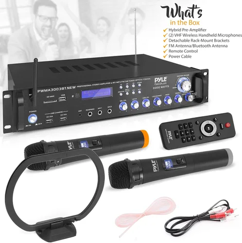 Vista 7 de Altavoz amplificador híbrido Bluetooth de 3000 W, preamplificador de alta potencia con 2 micrófonos de mano inalámbricos VHF, lectores