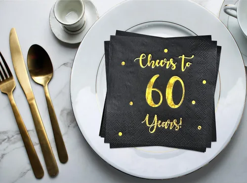 Vista 8 de Servilletas de cóctel de Cheers to 60 años, decoraciones de feliz cumpleaños 60 para hombres y mujeres, decoraciones de fiesta de aniversario