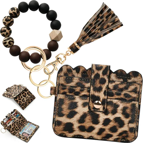 Vista 14 de Cartera de pulsera para mujer con llavero – Tarjetero RFID pequeña cartera con llavero Beige