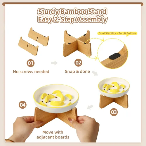 Vista 4 de Cuenco elevado para gatos de alimentación lenta – Plato de cerámica para gatos con soporte de bambú antideslizante – Tazón de alimentación apto