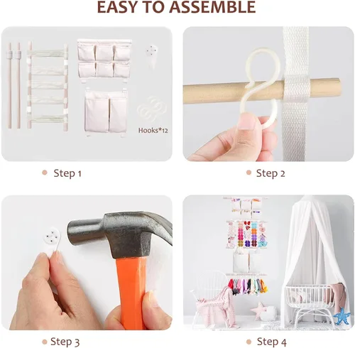 Vista 5 de cherrboll Organizador de lazos para el pelo con soporte para diadema para niñas, colgador de almacenamiento de pinzas para el cabello con ganchos