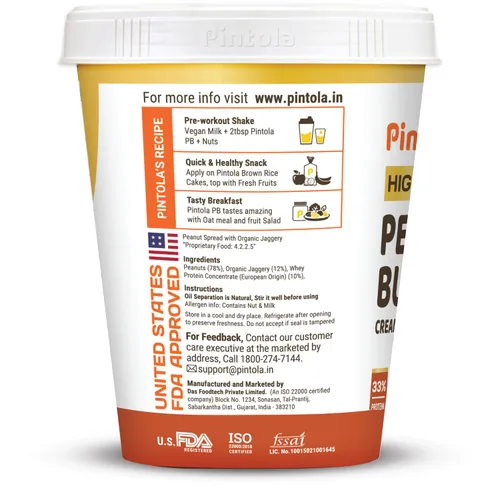 Vista 10 de Pintola Mantequilla de maní ALTA Proteína (Organic Jagggery) (Cremosa, 2.2 lbs)