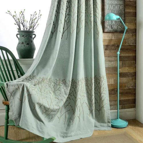 Vista 3 de VOGOL - Cortinas de 2 paneles con ramas bordadas de lino sintético con ojales, cortinas para dormitorio/sala de estar, paneles de tratamiento