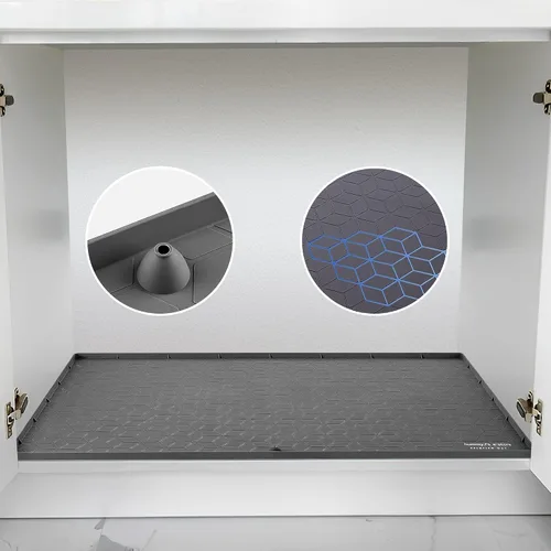 Vista 7 de Tapete impermeable para debajo del fregadero, para armario de cocina y baño debajo del fregadero, 28 x 22 pulgadas, forro de silicona negra