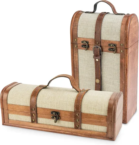 Vista 7 de Twine Caja de regalo vintage para botella de vino, caja de vino de madera con tapa y asa, madera, piel sintética, latón, tela, capacidad para 1
