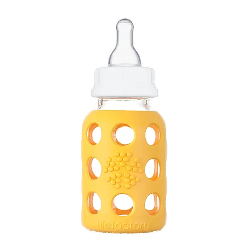 Vista 2 de Biberón Lifefactory BPA con funda protectora de silicona de vidrio y chupa etapa 1, Amarillo